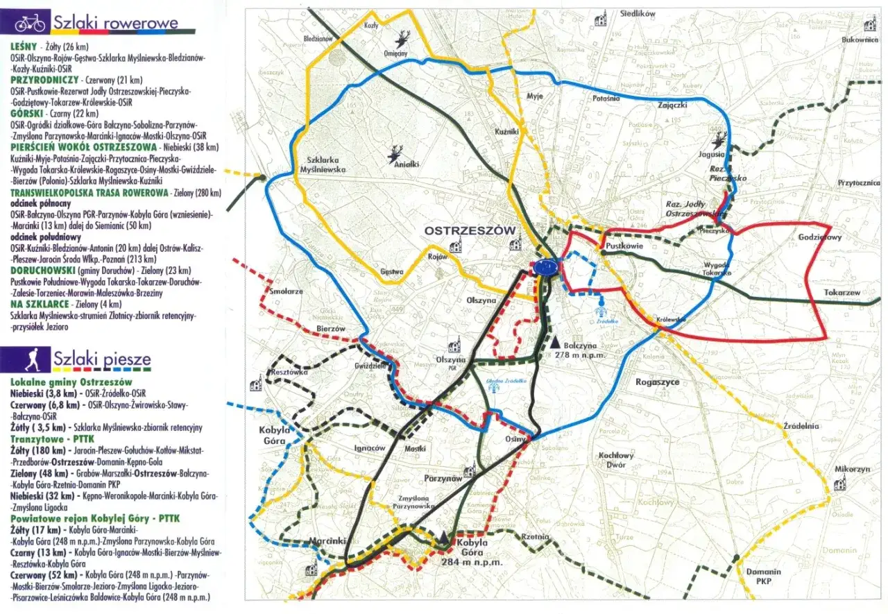 Mapa tras rowerowych Wielkopolski, z zaznaczonymi szlakami wokół Ostrowa Wielkopolskiego.