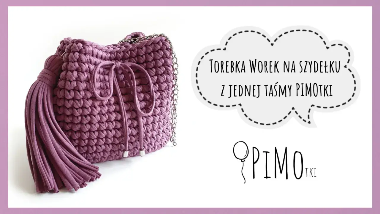 Jak zrobić torebkę ze sznurka krok po kroku: ręcznie robiona, fioletowa torebka worek na szydełku z taśmy pimotki.
