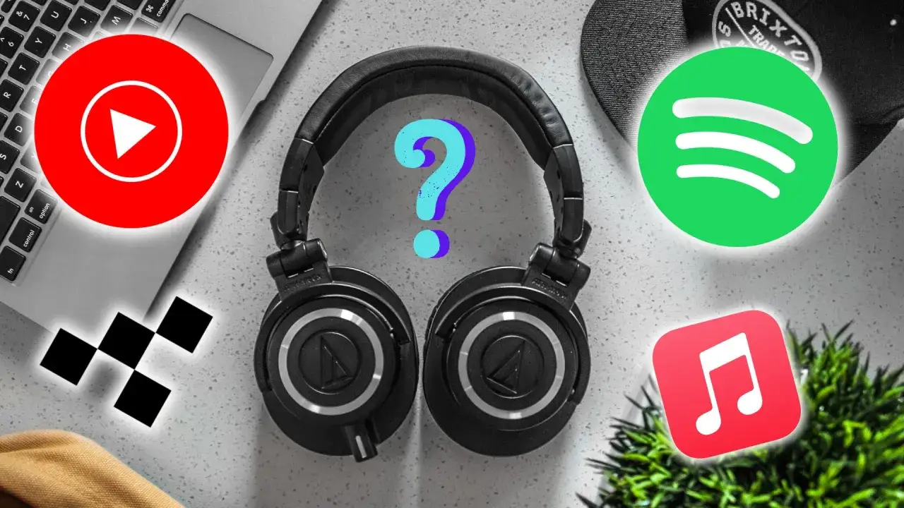 Słuchawki z logotypami YouTube, Spotify, Apple Music i znakiem zapytania.