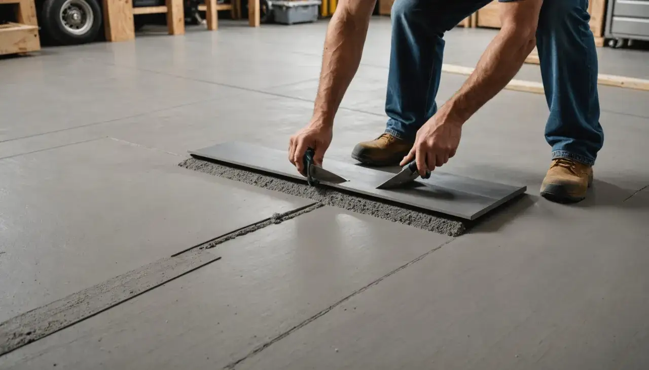 Mężczyzna układa płytki na posadzce w garażu, używając narzędzi do rozprowadzania zaprawy. Dowiedz się, jak naprawić posadzkę w garażu.