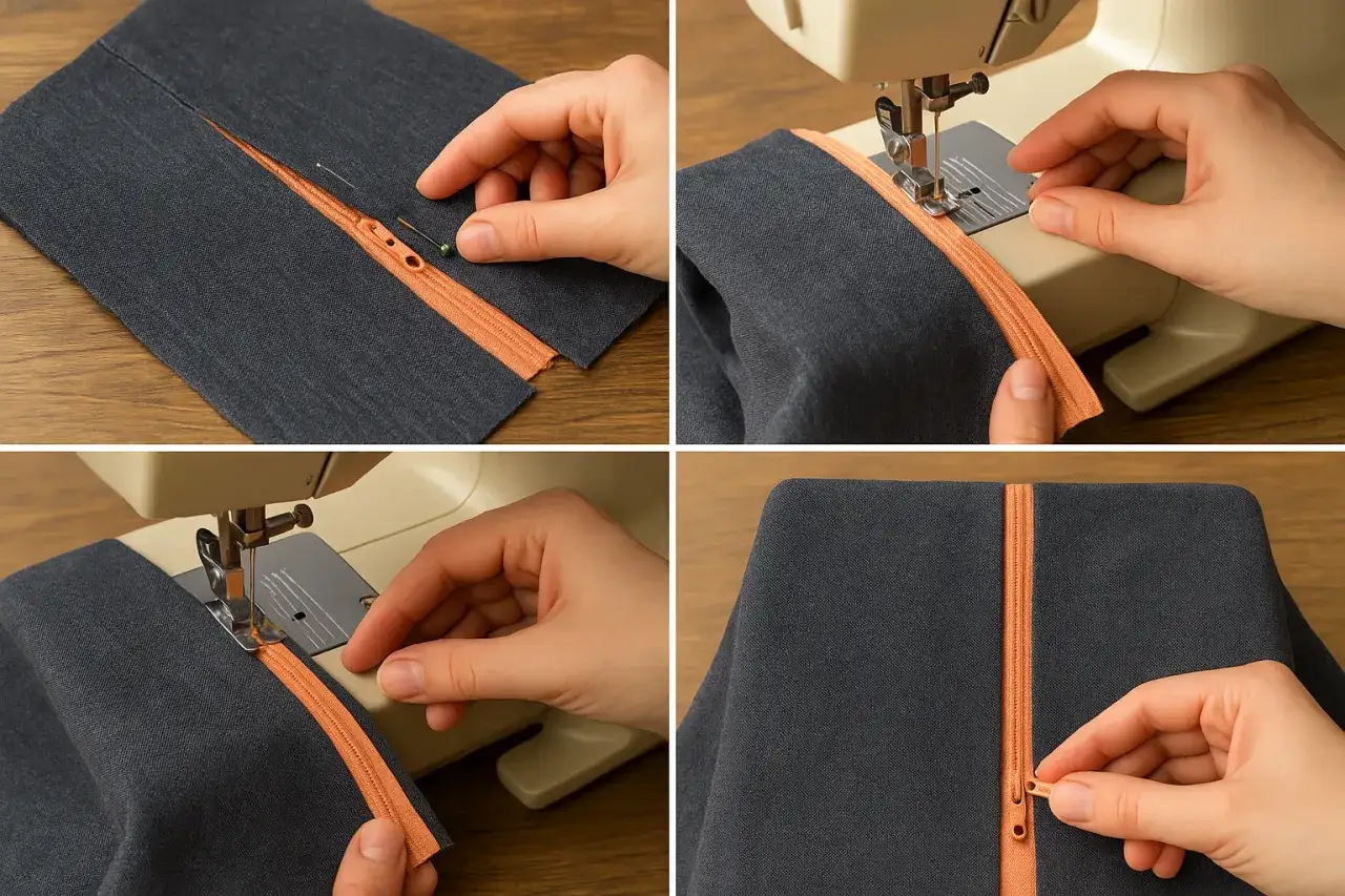 Instrukcja krok po kroku: wszywanie suwaka. Zbliżenie na ręce przygotowujące materiał i suwak do maszyny, a następnie szyjące go.