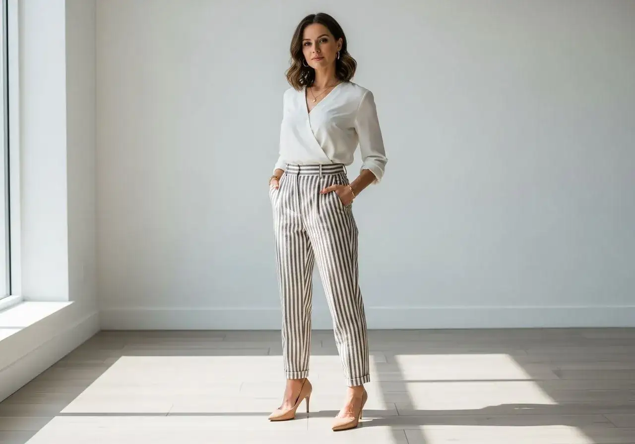 Eleganckie stylizacje dla niskich kobiet: biała bluzka kopertowa i spodnie w pionowe pasy optycznie wydłużają sylwetkę.