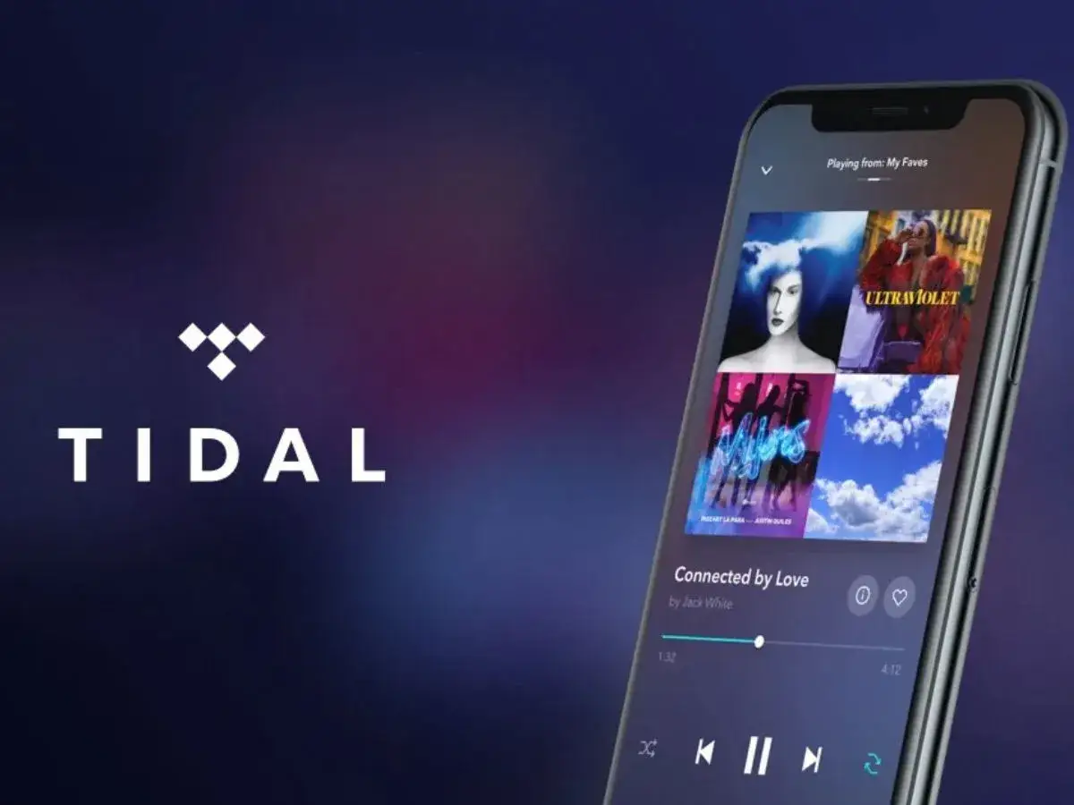 Logo Tidal i ekran smartfona z interfejsem aplikacji muzycznej.