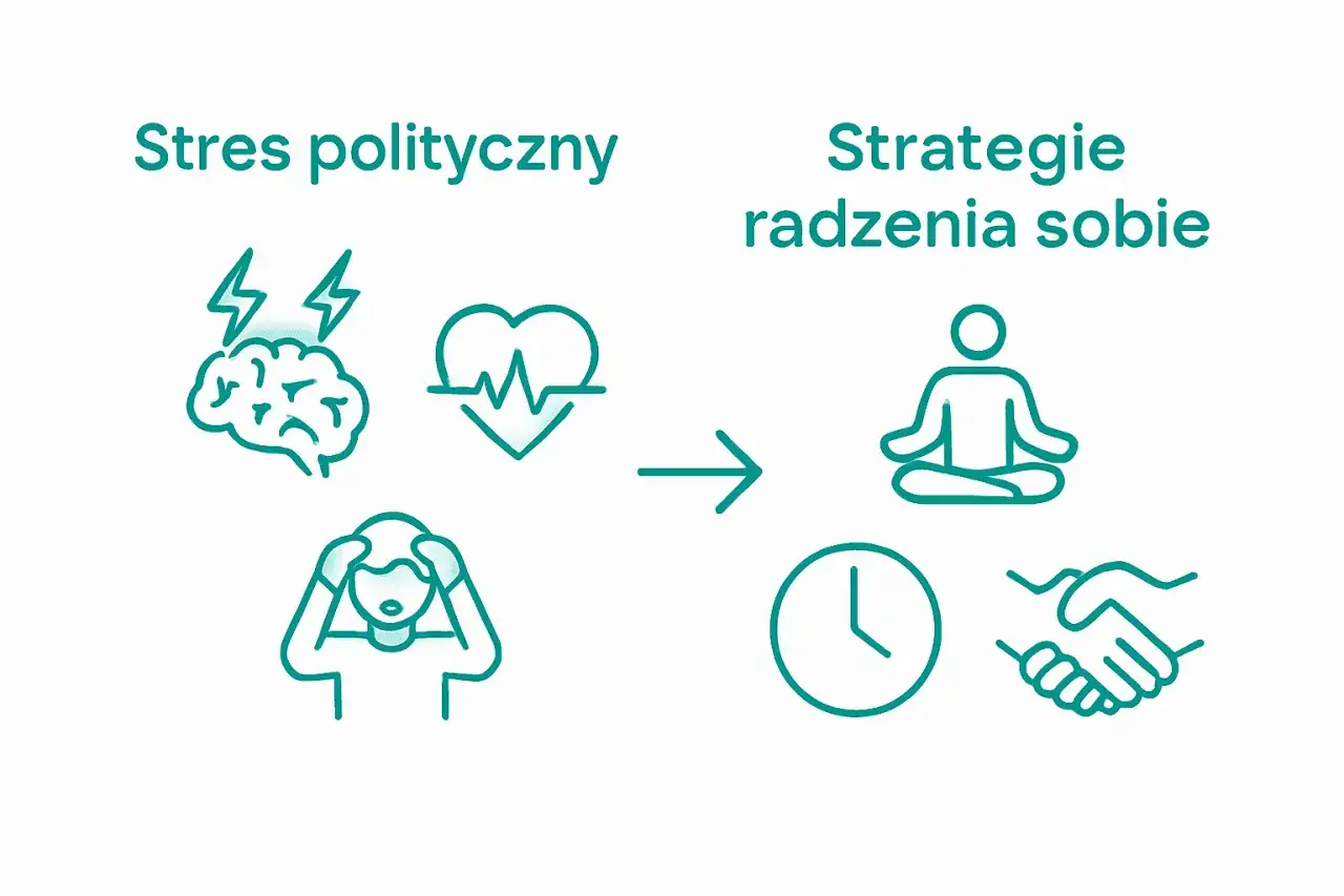 Stres polityczny objawy: ból głowy, problemy z sercem. Strategie radzenia sobie: medytacja, zegar, uścisk dłoni.