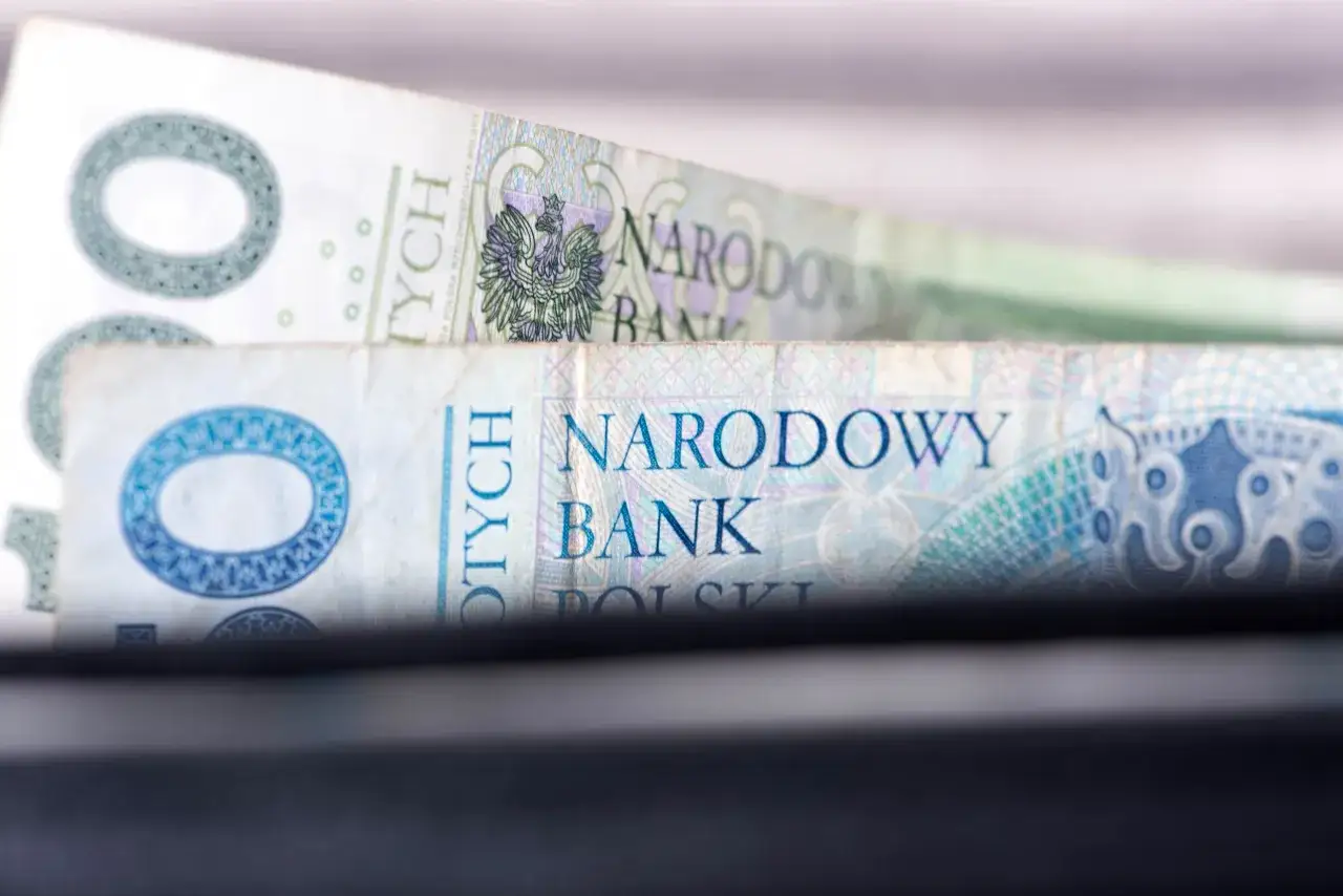 Zbliżenie na polskie banknoty 100 zł z napisem Narodowy Bank Polski.