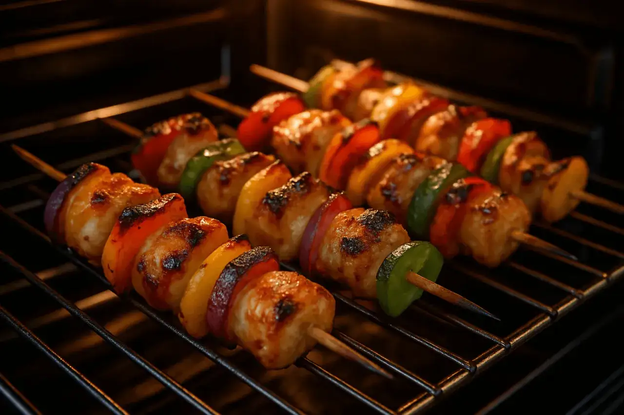 Siedem szaszłyków z kurczakiem i warzywami piecze się w piekarniku.