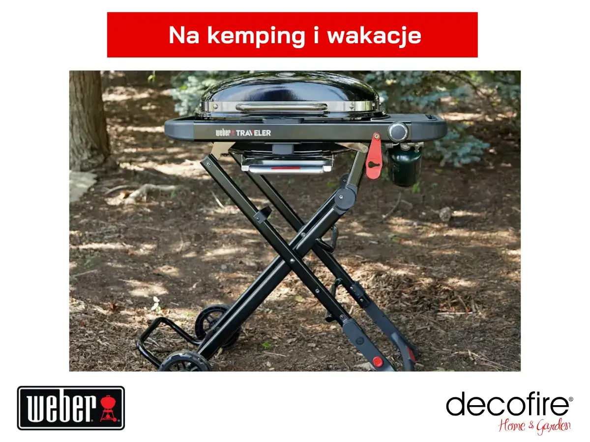 Grill gazowy turystyczny Weber Traveler gotowy na kemping i wakacje. Składany, z kółkami, idealny na wyjazd.