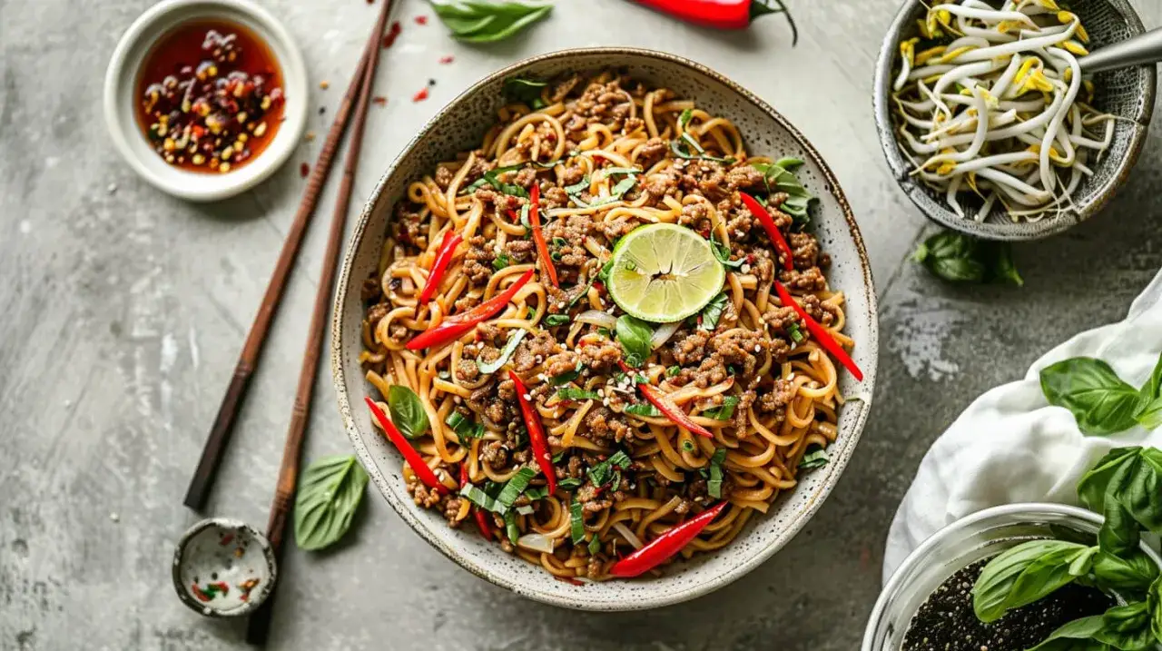 Szybki przepis na makaron ryżowy z wołowiną i chrupiącymi warzywami