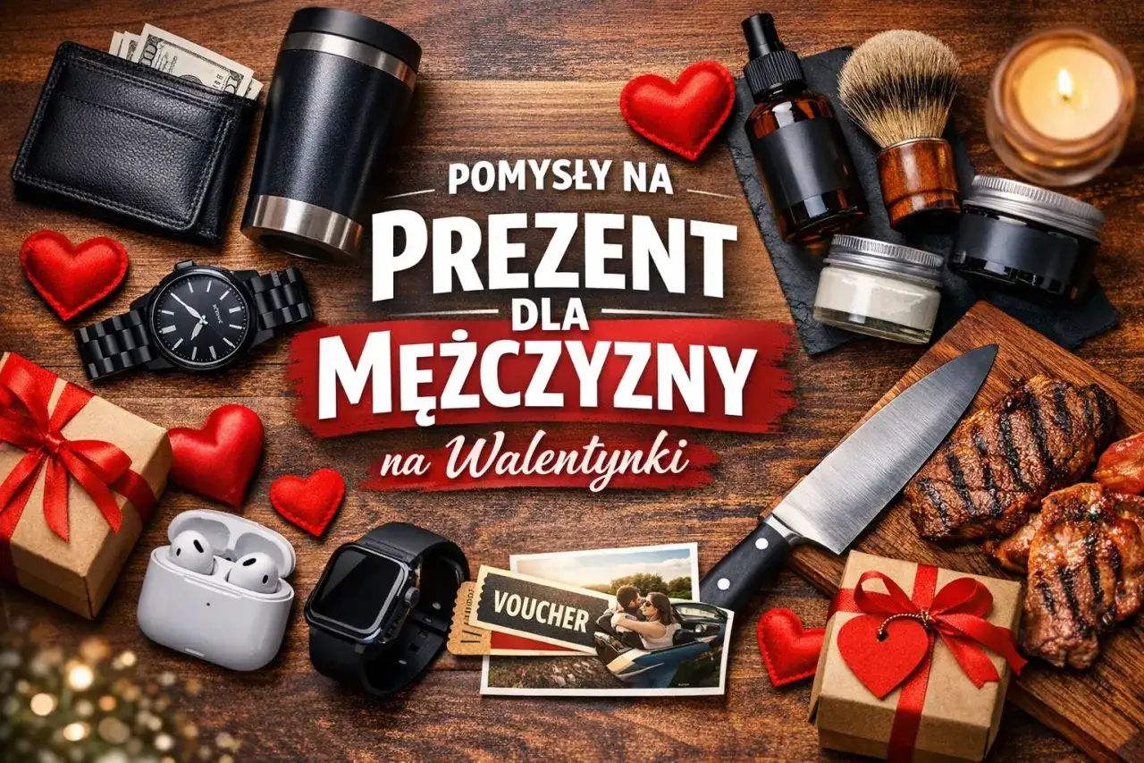 Zestaw prezentów walentynkowych dla mężczyzny: zegarek, słuchawki, portfel, grillowane mięso, kosmetyki.
