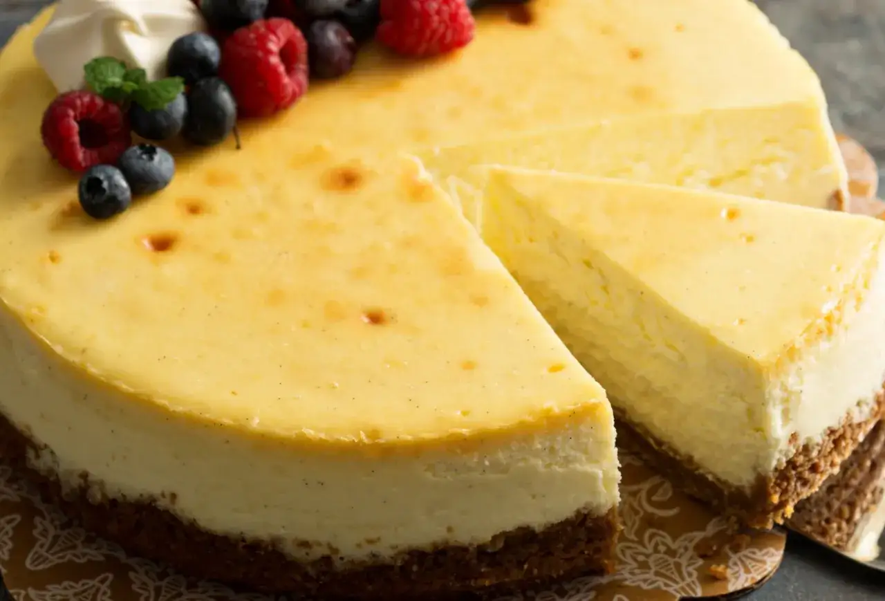 Idealny sernik który nie opada, z kremowym wnętrzem i chrupiącym spodem, ozdobiony świeżymi owocami i bitą śmietaną.