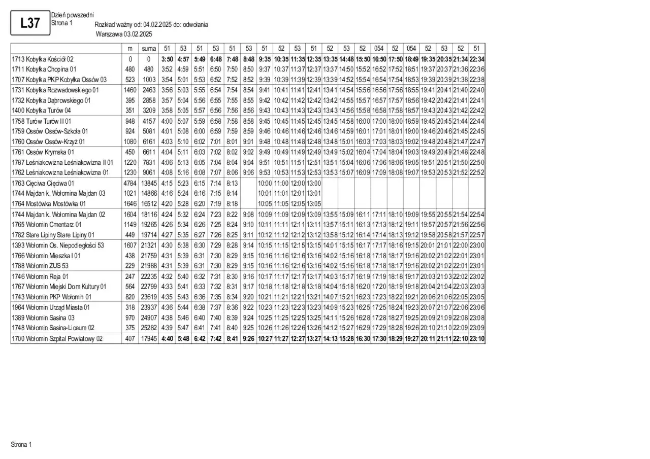 Rozkład jazdy L37 z datą 04.02.2025, zawierający godziny kursowania i częstotliwość przejazdów.
