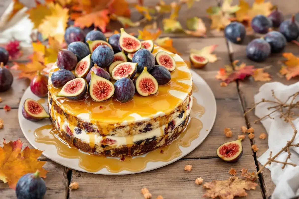 Gâteau d'automne décoré de figues fraîches et nappé de caramel, entouré de feuilles d'automne.