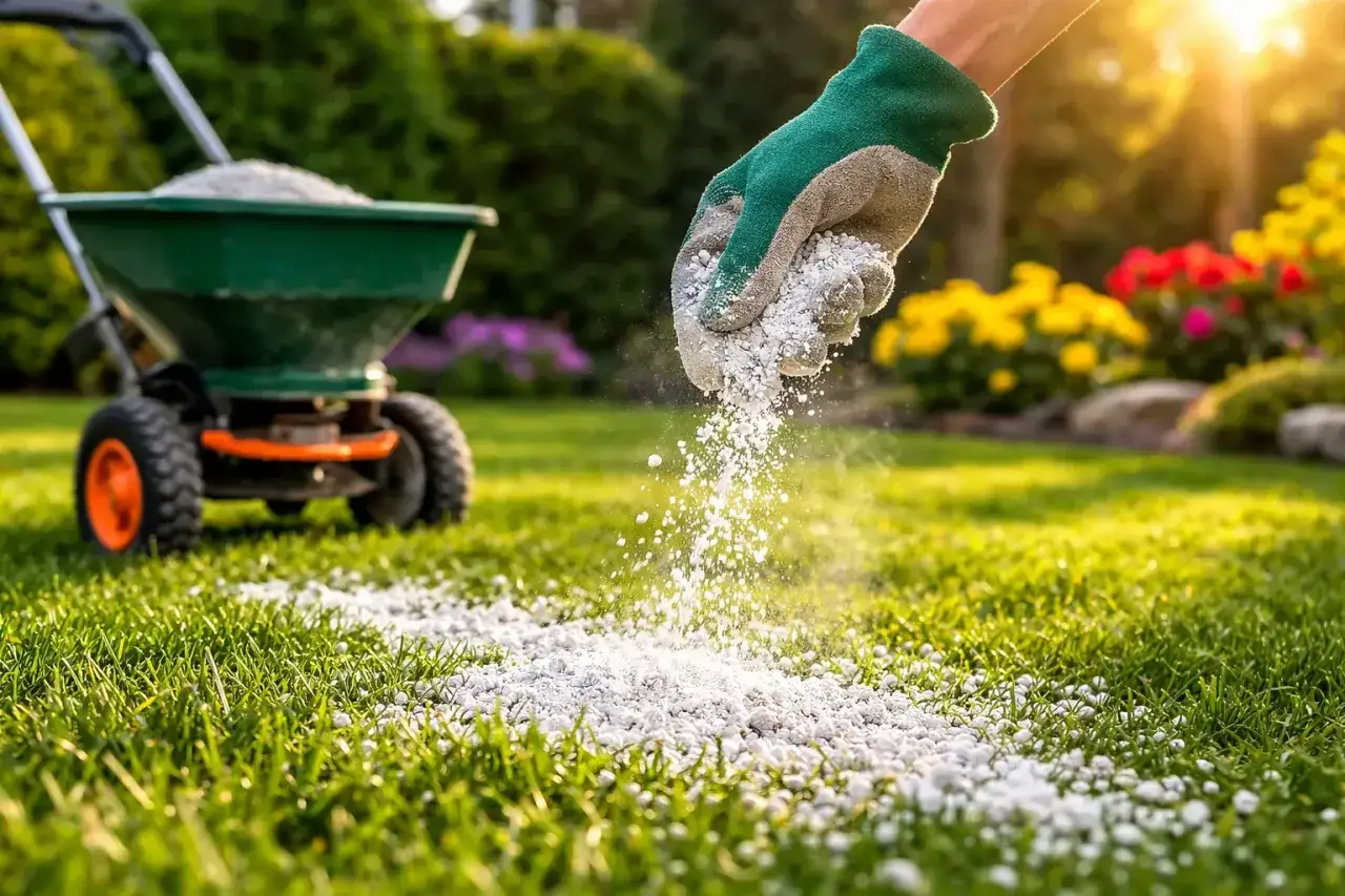 Ręka w rękawiczce rozsypuje nawóz na trawniku. W tle widać wózek do nawożenia i kwitnące kwiaty. Idealny moment, kiedy wapnować trawnik.