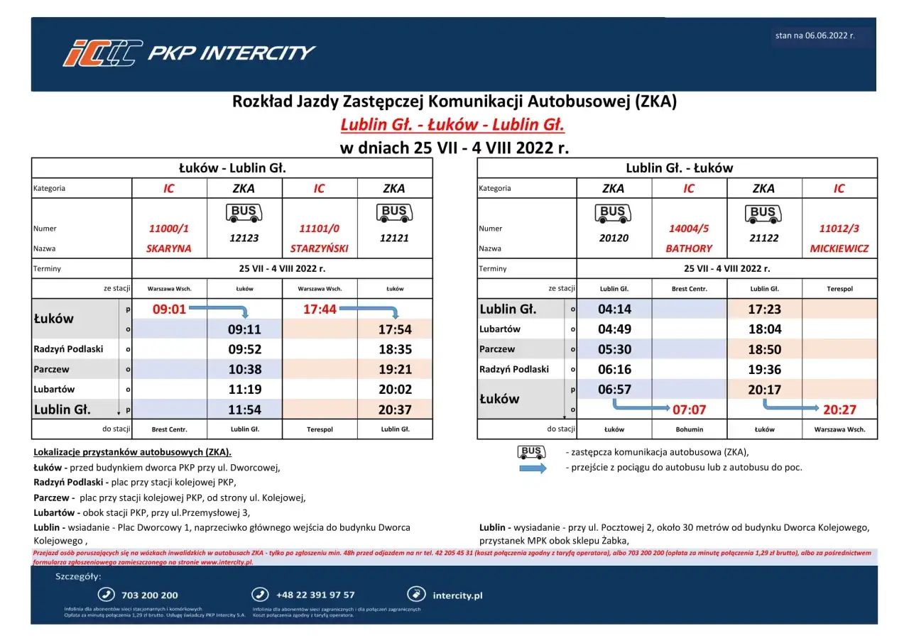 Fragment rozkładu jazdy PKP Intercity z trasą Łuków - Lublin GŁ. i Lublin GŁ. - Łuków.