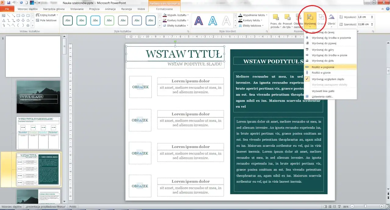 Jak stworzyć szablon PowerPoint: narzędzie "Wyrównaj" pozwala na precyzyjne rozmieszczenie elementów na slajdzie, ułatwiając tworzenie profesjonalnych prezentacji.
