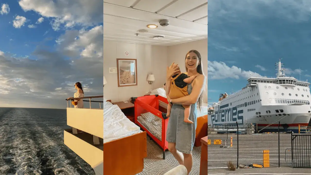 Kobieta na pokładzie promu, kabina z łóżkiem i łóżeczkiem, biały prom w porcie.