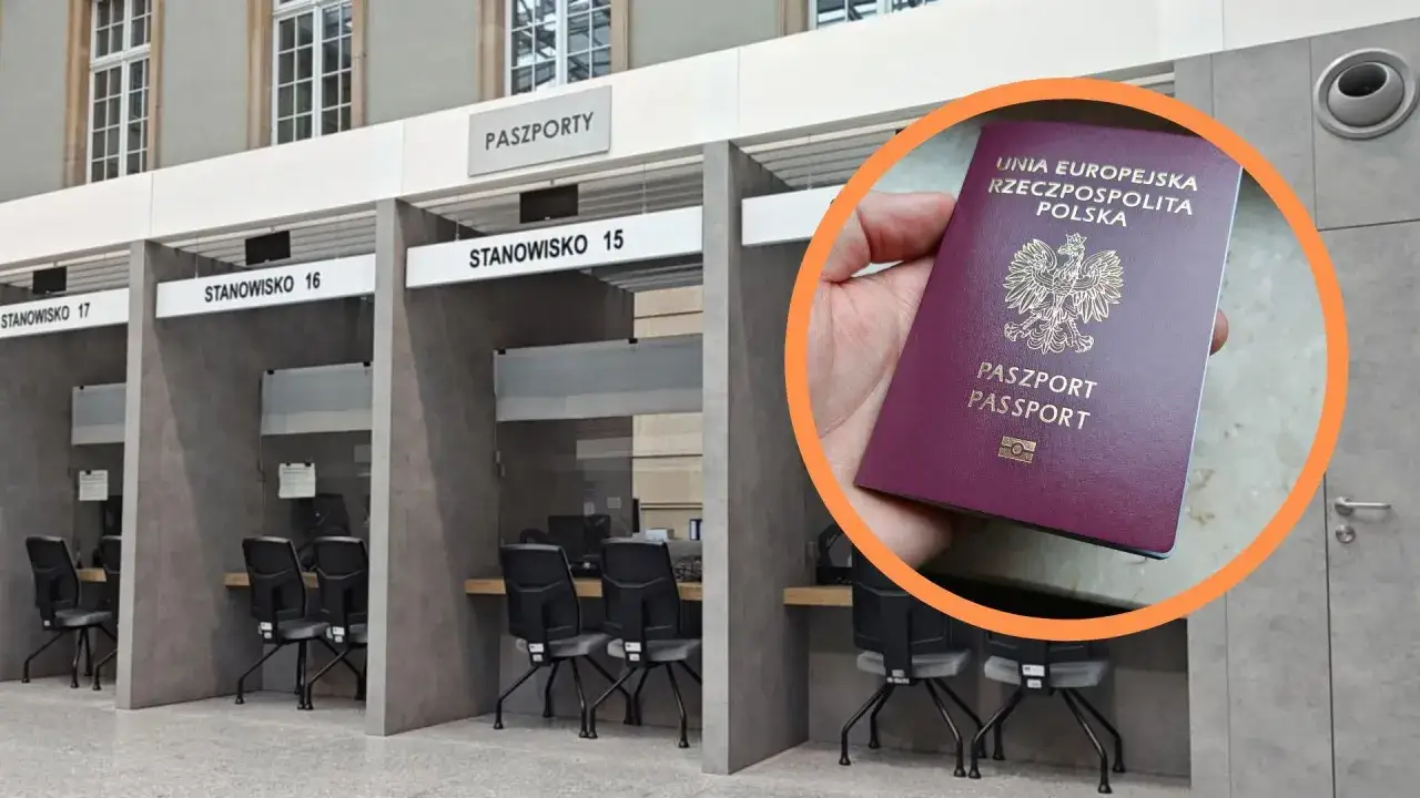 Dłoń trzyma polski paszport na tle stanowisk obsługi paszportowej.
