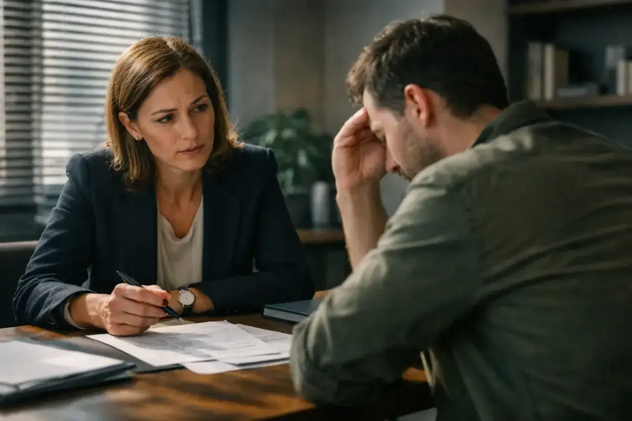 Kobieta w garniturze tłumaczy mężczyźnie, jak czy w testamencie można zapisać mieszkanie.