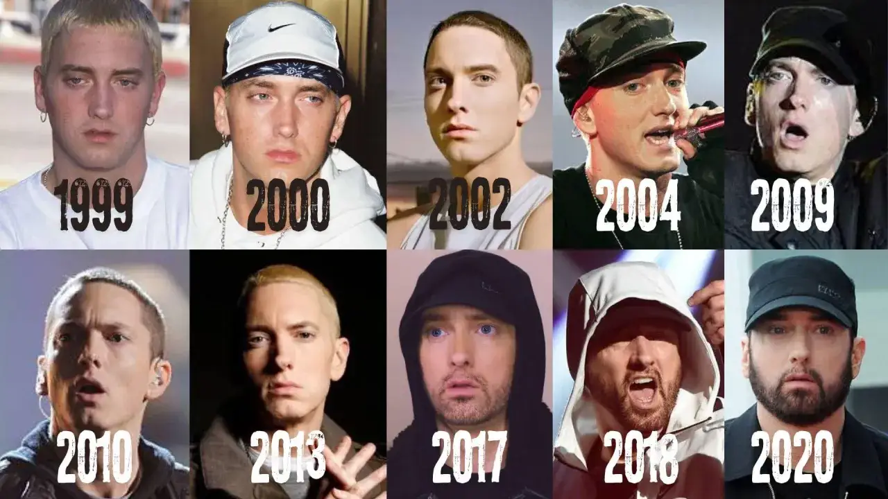Eminem na przestrzeni lat: od młodego rapera w 1999 do dojrzałego artysty w 2020. Zmieniał fryzury i styl, ale zawsze rozpoznawalny.