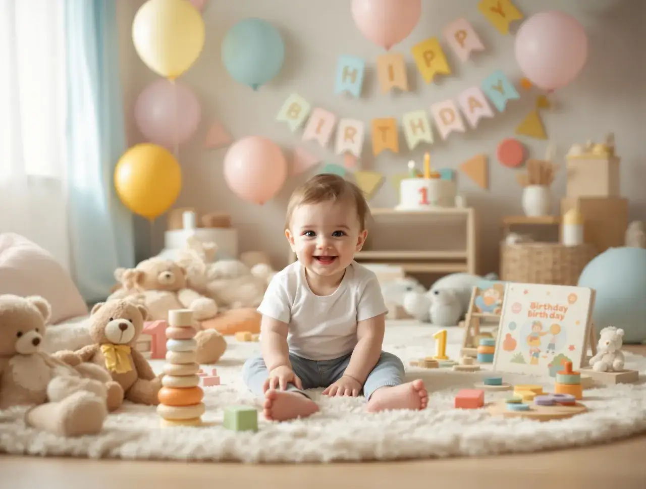 Uśmiechnięte dziecko siedzi na dywanie wśród zabawek i balonów, w tle tort urodzinowy.