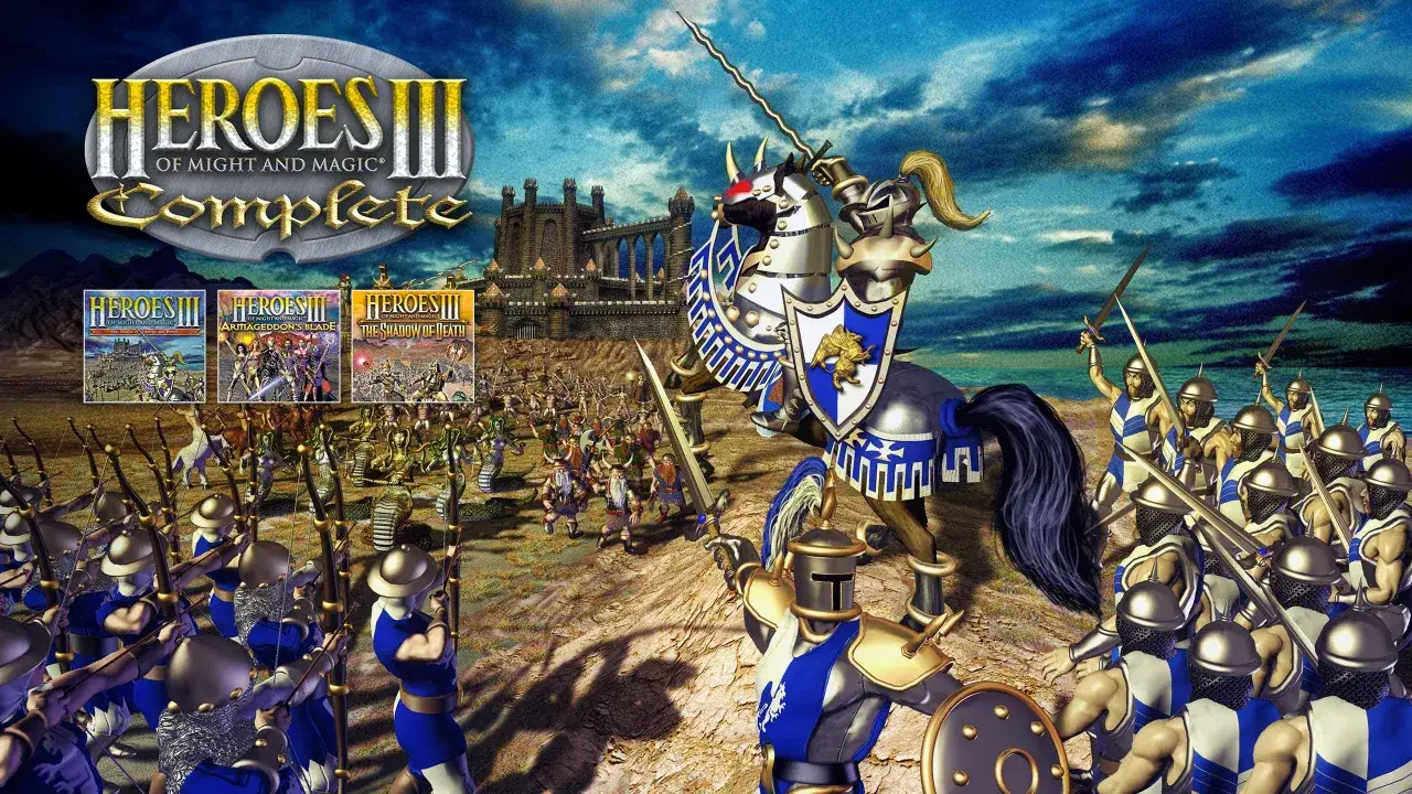 Rycerz na koniu prowadzi armię do bitwy w grze Heroes III of Might and Magic.
