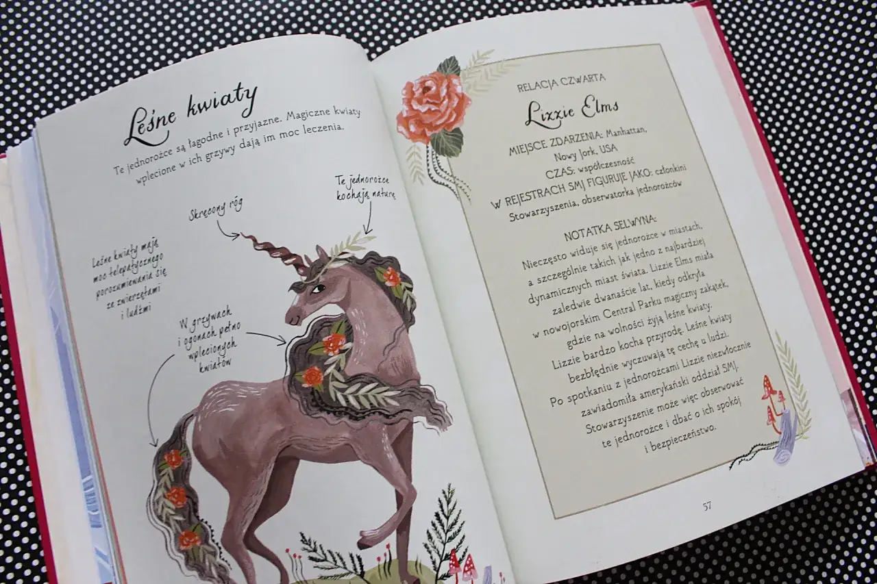 Ilustracja z baśni o jednorożcu. Magiczne stworzenie z leśnymi kwiatami we włosach i na ogonie.