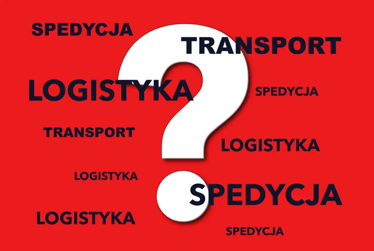 Biały znak zapytania na czerwonym tle otoczony słowami: logistyka, spedycja, transport.