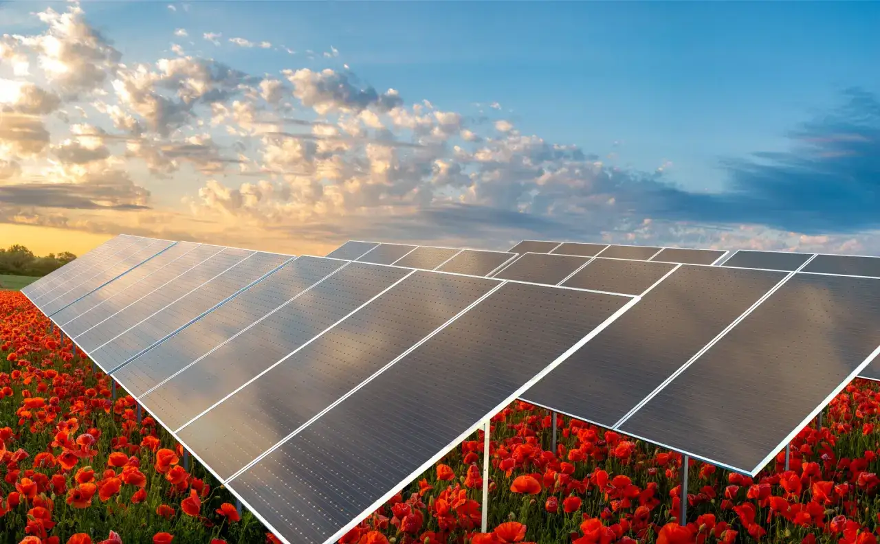 Panele słoneczne na tle kwitnących maków pokazują, jak działa elektrownia słoneczna, przekształcając światło w czystą energię.