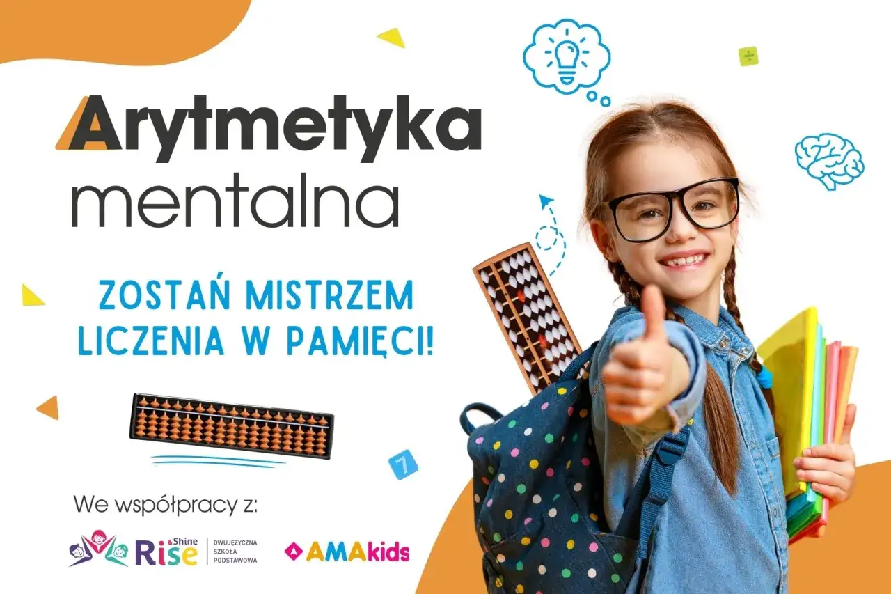 Arytmetyka mentalna to nauka szybkiego liczenia w pamięci. Uśmiechnięta dziewczynka z koralikami i książkami pokazuje, jak to działa.
