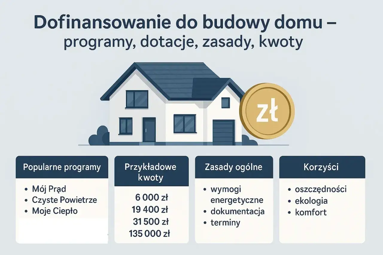 Dofinansowanie do budowy domu: programy, dotacje, zasady i kwoty. Ilustracja domu z monetą zł. Popularne programy, przykładowe kwoty, zasady i korzyści.