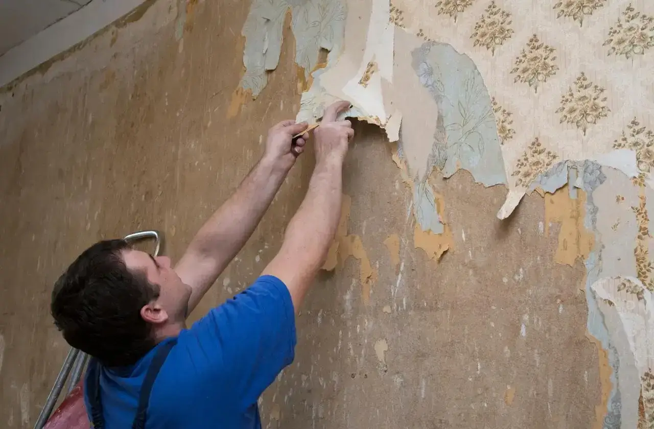 Mężczyzna zrywa starą tapetę. Zastanawiasz się, gdzie wyrzucić starą tapetę? To pierwszy krok do odświeżenia wnętrza.