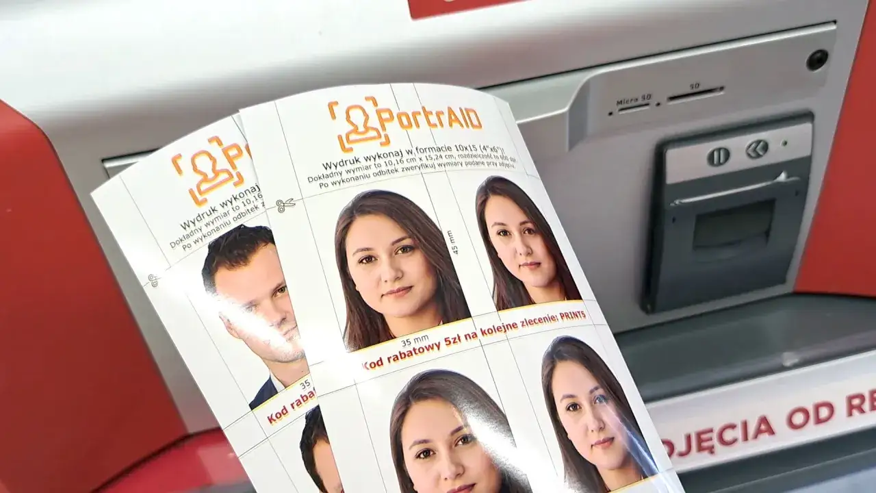 Papier z wydrukami zdjęć do dokumentów, z informacją o formatach zdjęć Rossmann i kodem rabatowym.