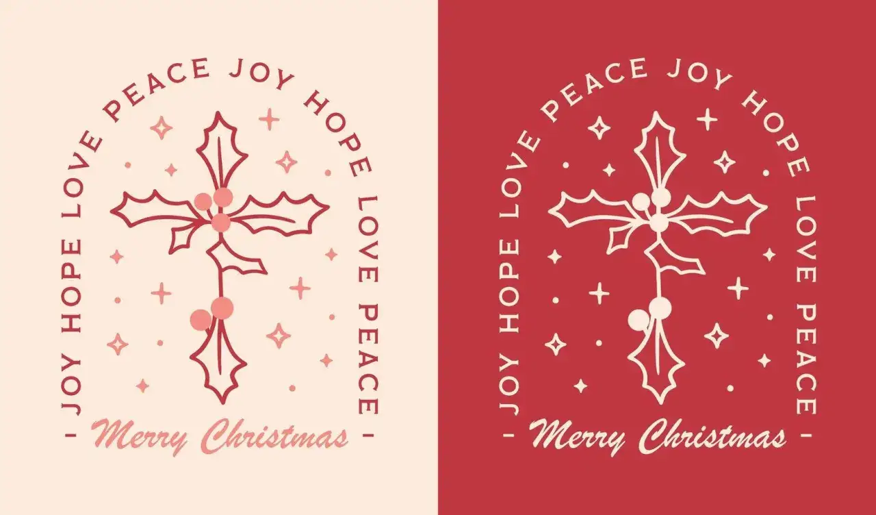 Zwei Weihnachtsgrafiken mit Mistelzweigen, Sternen und den Worten "Joy Hope Love Peace" sowie "Merry Christmas".
