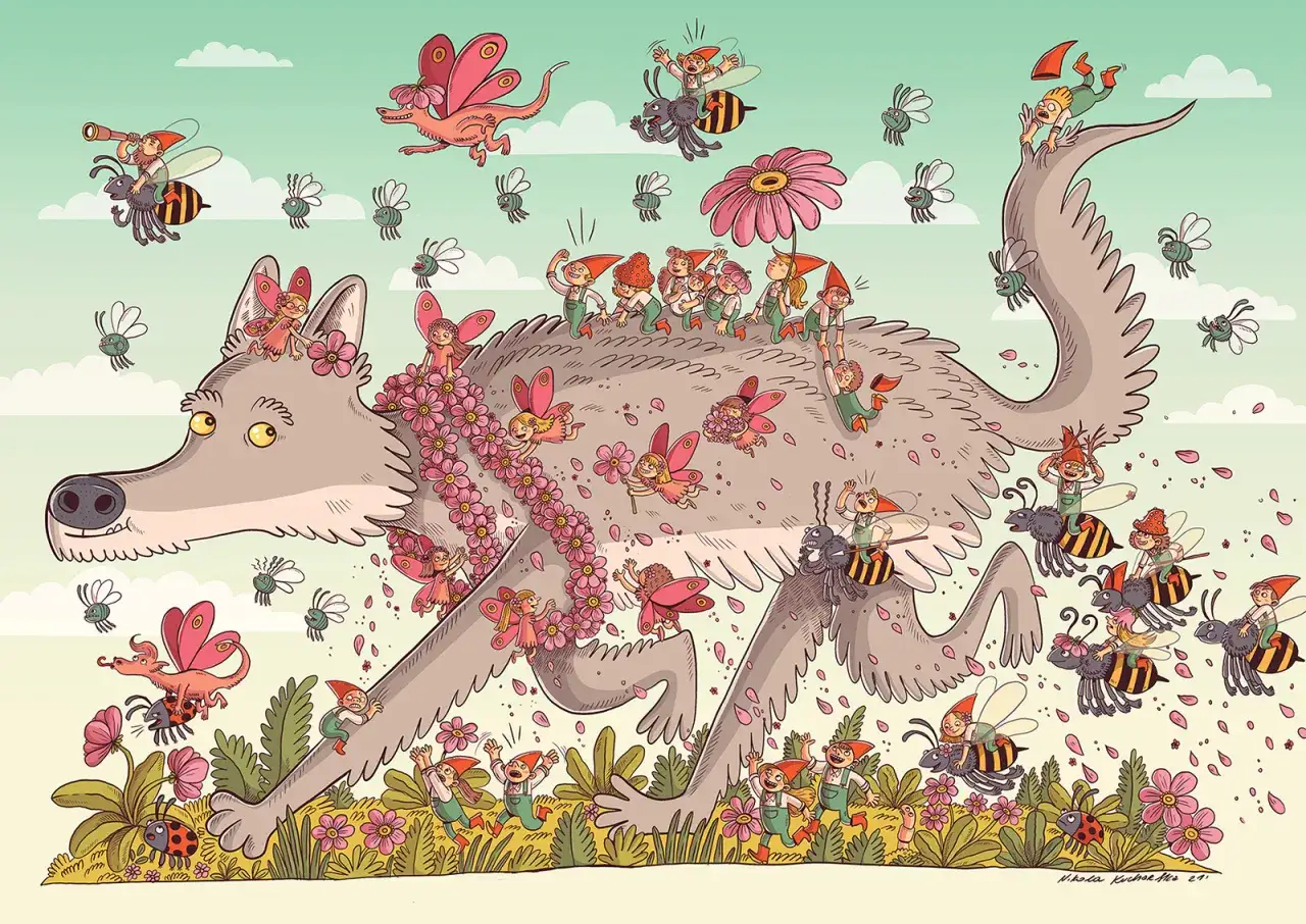 Wymyślona baśń o zwierzętach: wilk z kwiatami na grzbiecie, na którym siedzą skrzaty, latają pszczoły i wróżki.