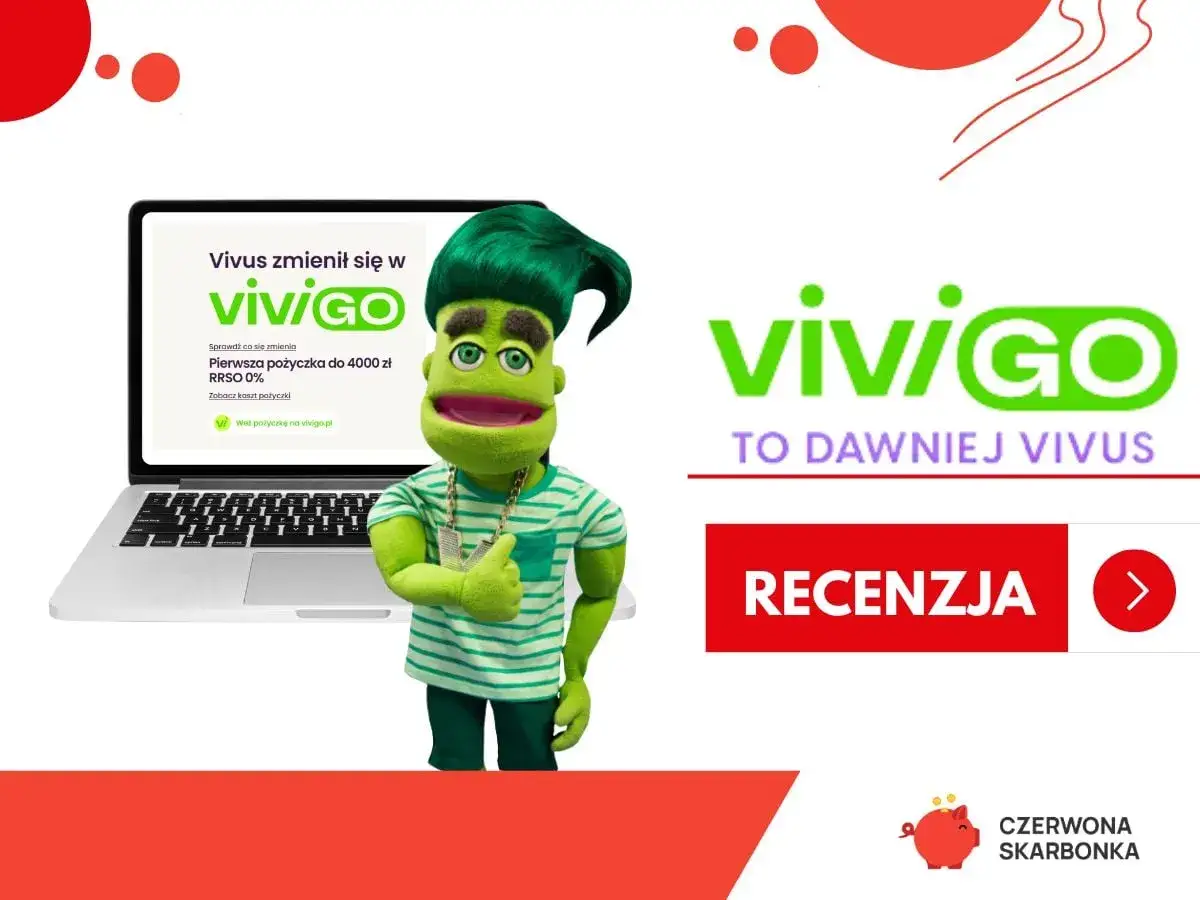 Zielona postać z lalki reklamuje Vivus, teraz Vivigo. Pierwsza pożyczka 4000 zł RRSO 0%. Sprawdź, jakie vivus odsetki oferuje.