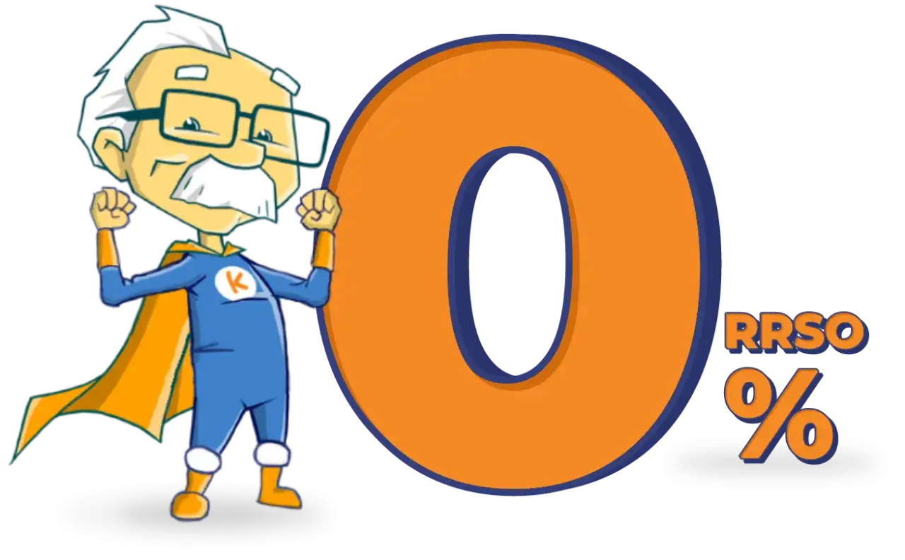 Superbohater z literką "K" na piersi i pomarańczową peleryną obok wielkiej cyfry 0. Obok napis "RRSO 0%". Czy Kuki sprawdza BIK?