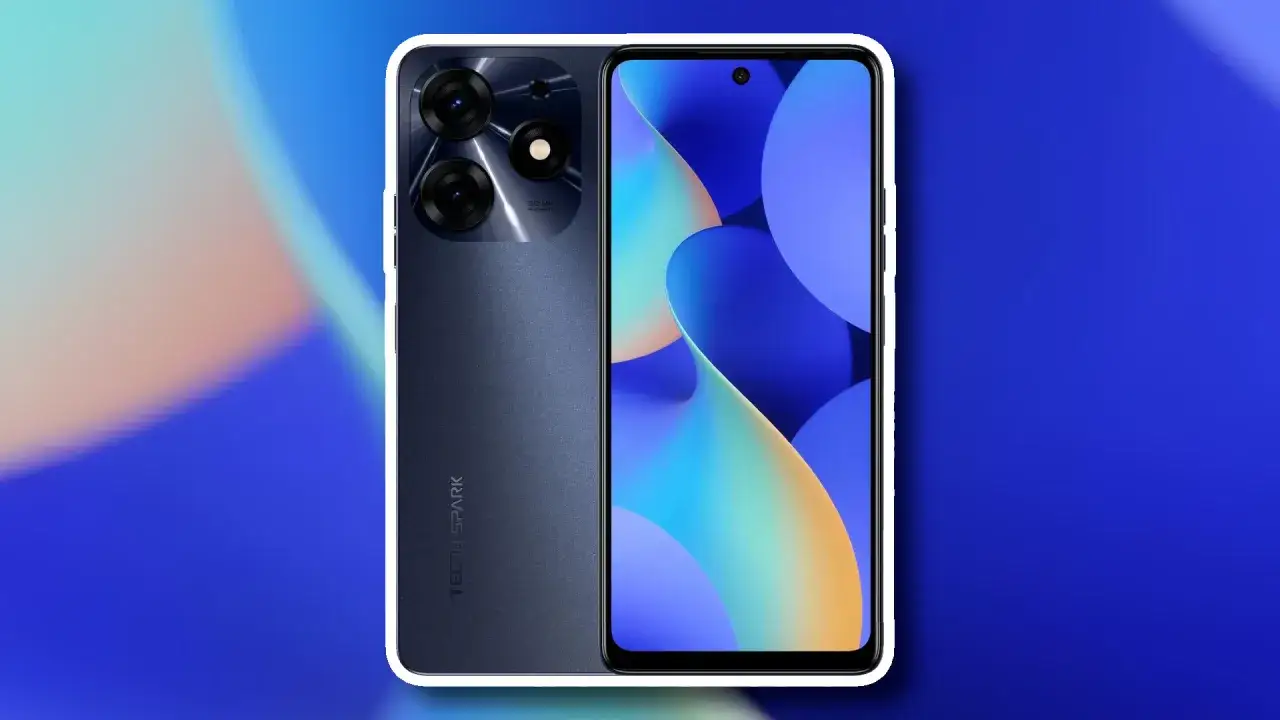 Dwa telefony Tecno Spark na niebieskim tle z gradientem.