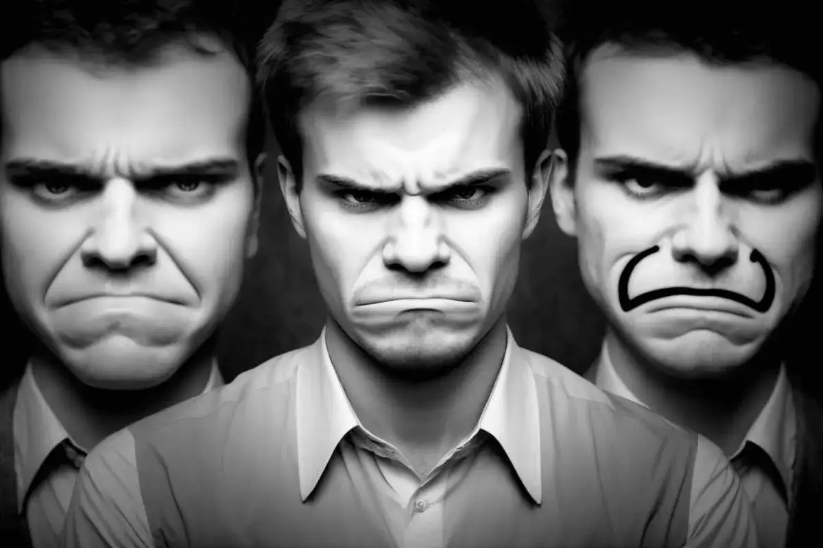 Trzy twarze wyrażające gniew, jak w baśni o narcyzie. Centralna postać patrzy prosto, po bokach widać jej odbicia z różnymi wyrazami złości.