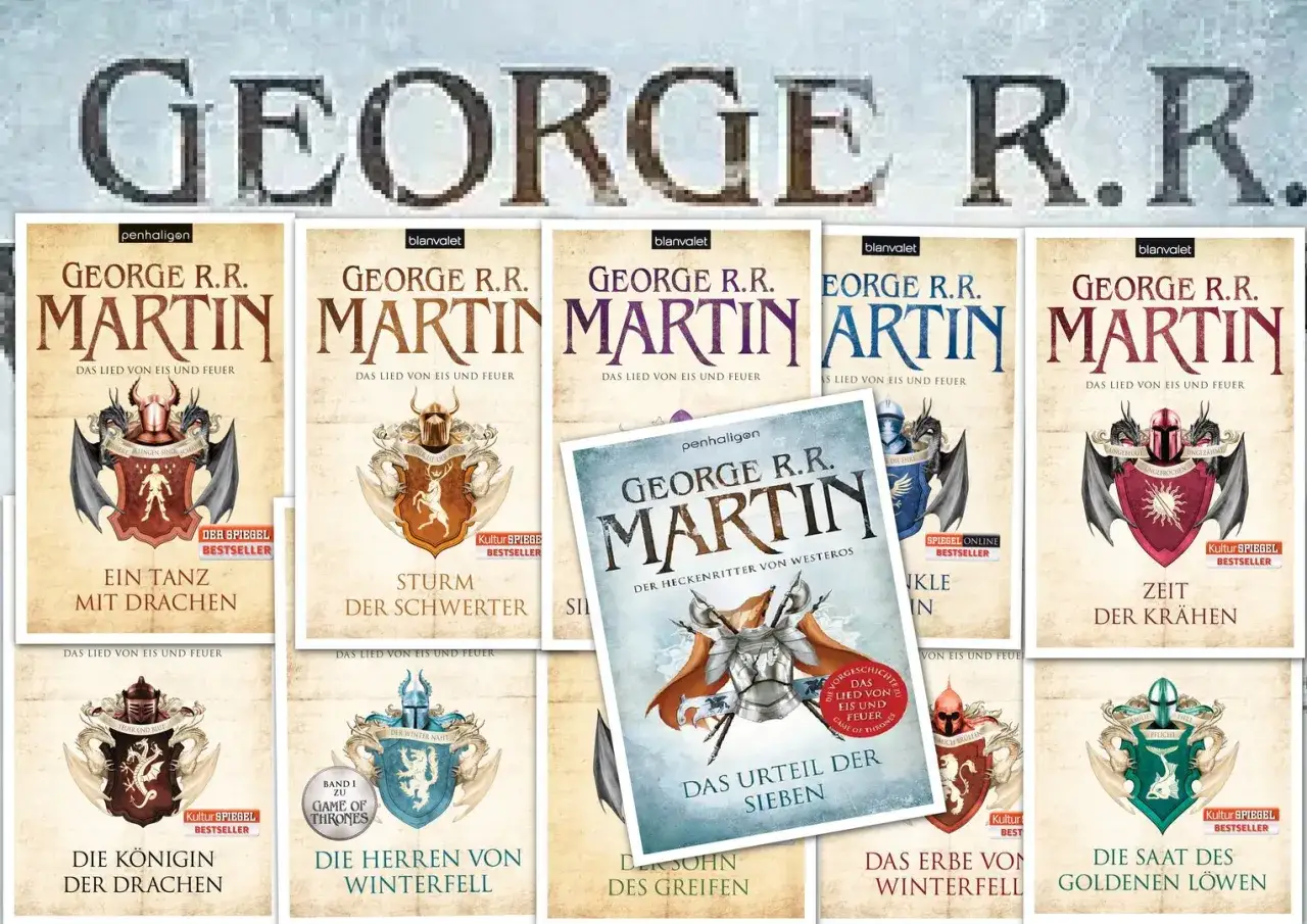 Mehrere Buchcover von George R.R. Martins "Das Lied von Eis und Feuer" Reihe, mit Wappen und Titeln.