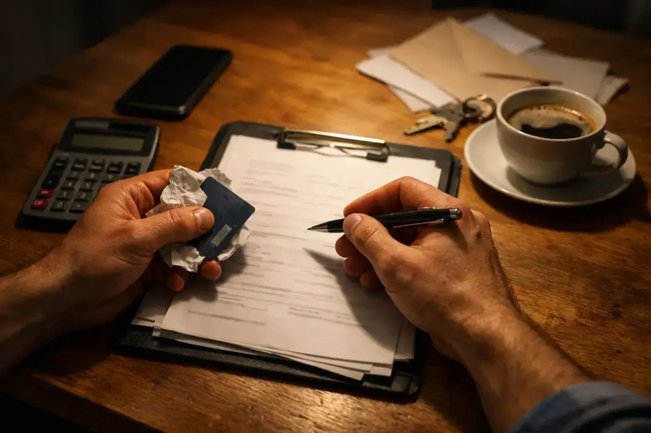 Dłonie trzymające dokumenty, długopis, kartę i zgniatany papier, obok kalkulator, telefon, klucze i kawa.