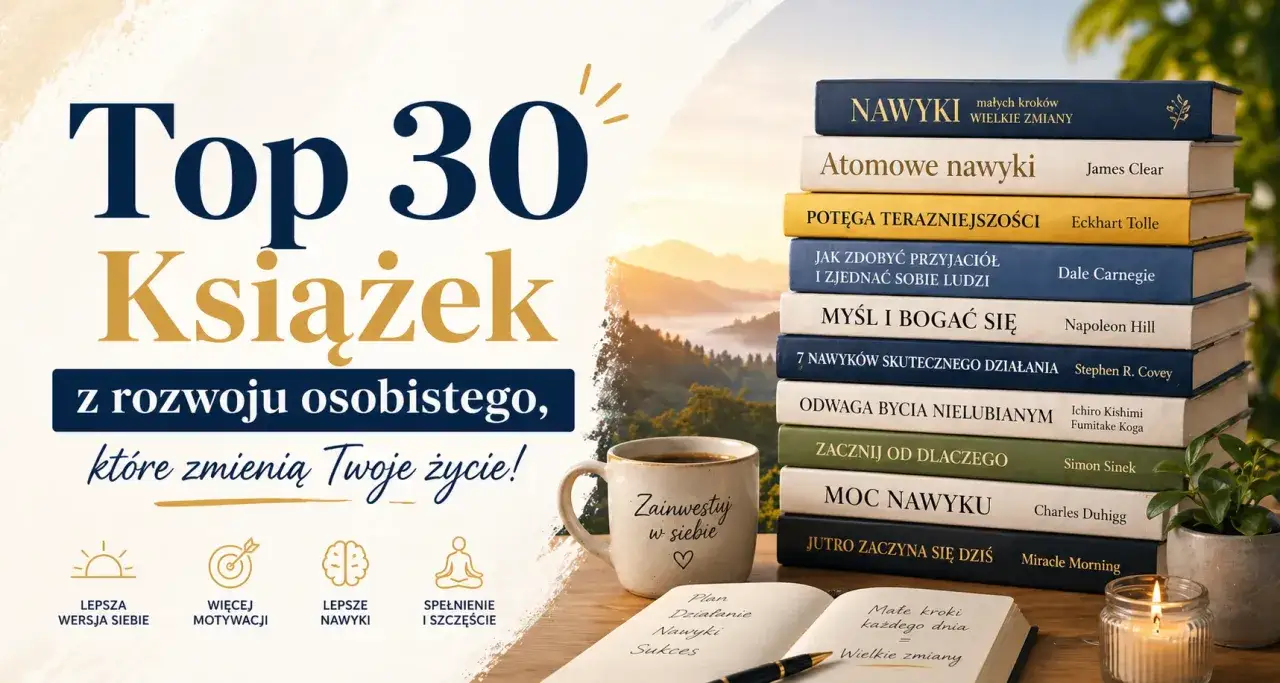 Mądre książki dla dorosłych o rozwoju osobistym, które inspirują do zmian. Na zdjęciu stos książek, kubek z napisem "Zainwestuj w siebie" i notatnik.