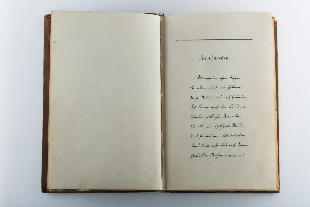 Ein aufgeschlagenes Buch mit handschriftlichem Gedicht auf der rechten Seite.
