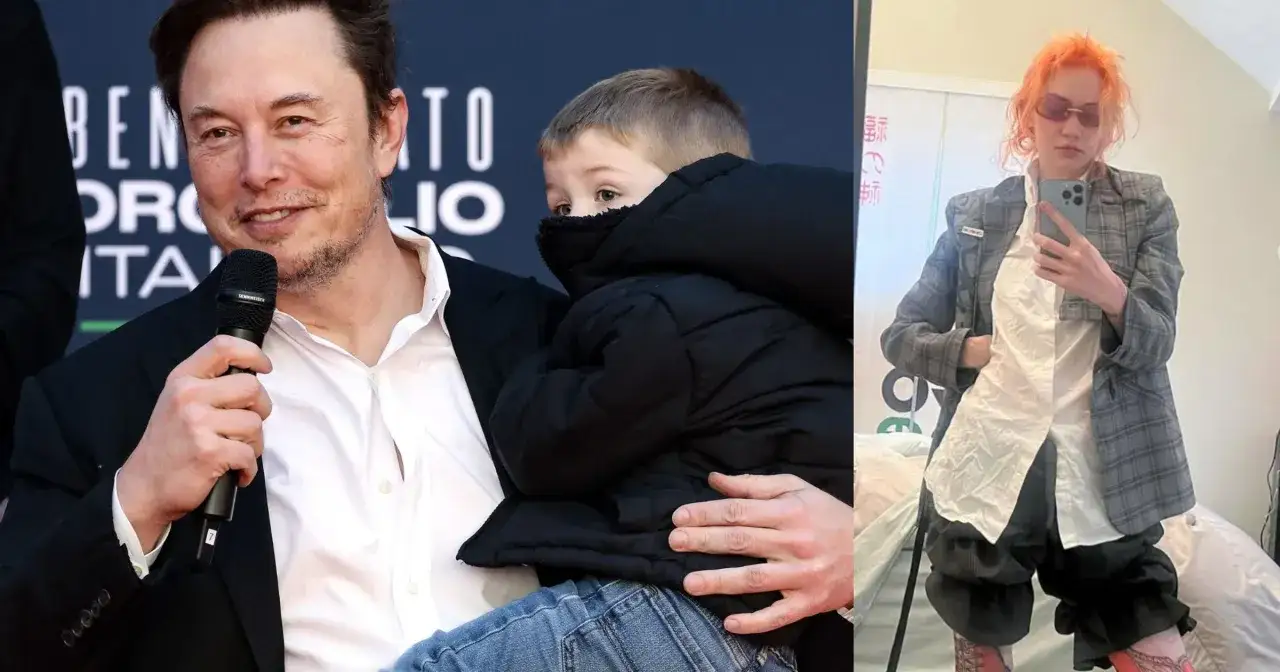 Elon Musk z synem i Grimes w stylizacji z pomarańczowymi włosami.