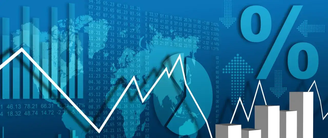 Wykresy słupkowe, procent, strzałki w górę i w dół, dane liczbowe i mapa świata.