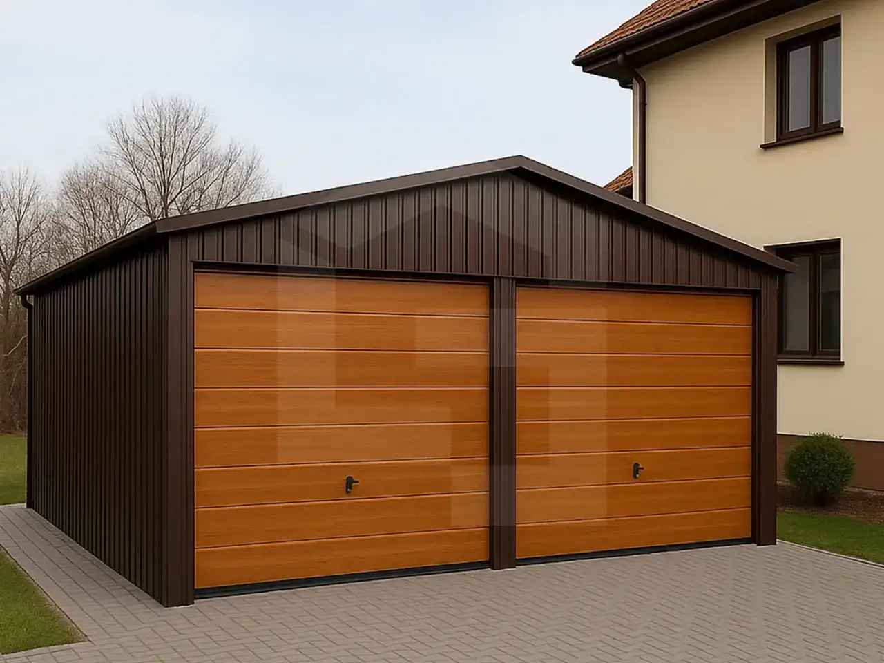 Nowoczesny garaż na dwa auta z brązowymi, drewnopodobnymi bramami segmentowymi, idealny do przechowywania pojazdów i sprzętu.