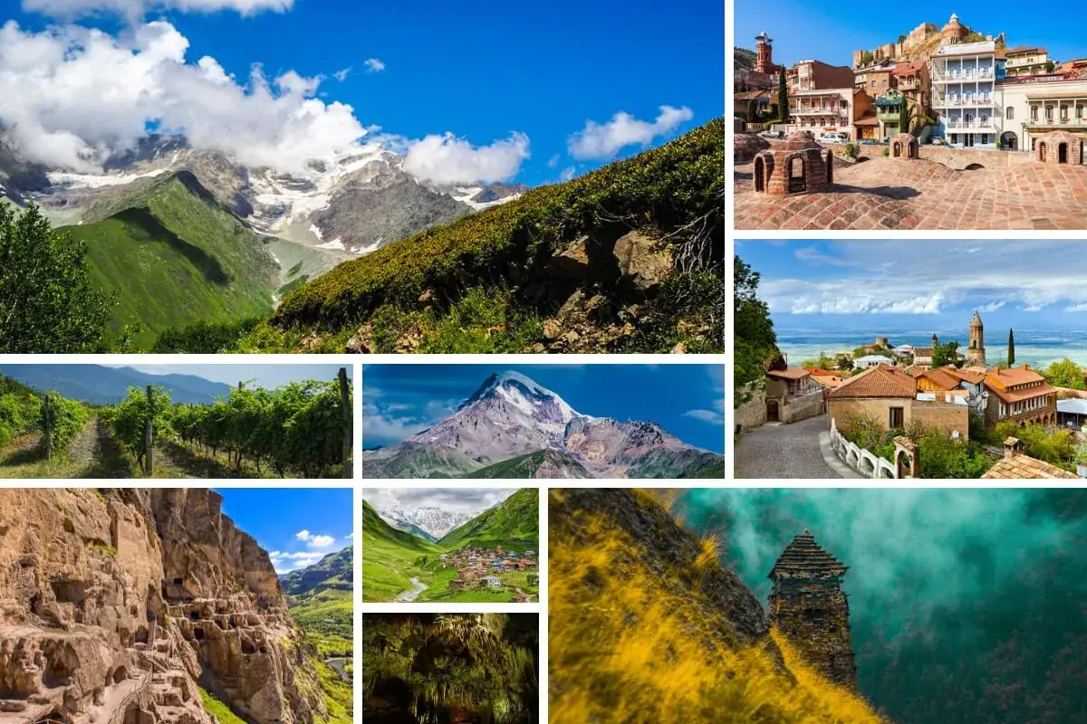 Kolaż zdjęć z Gruzji: góry, winnice, miasta, jaskinie i wieże.