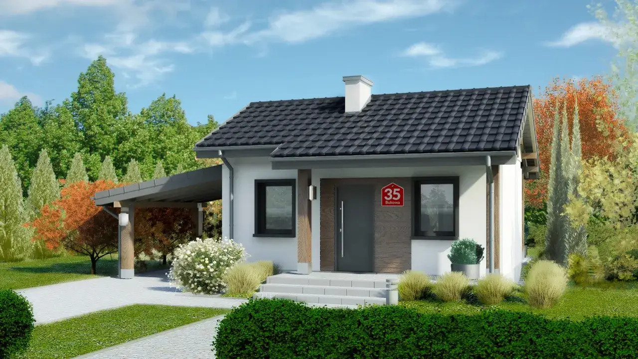 Nowoczesny dom z garażem i pięknym ogrodem. Ciemny dach o nachyleniu 35 stopni chroni przed słońcem.