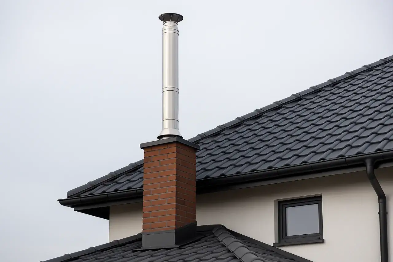 Nowoczesny komin z cegły i stali na dachu. Czy potrzebne jest pozwolenie na budowę komina? To pytanie nurtuje wielu inwestorów.