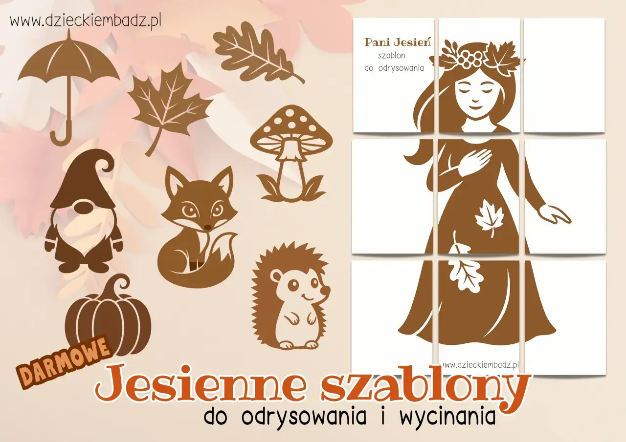 Jesienne szablony do odrysowania: Pani Jesień, parasol, dynia, lis, jeż, grzyb, krasnal i liście.