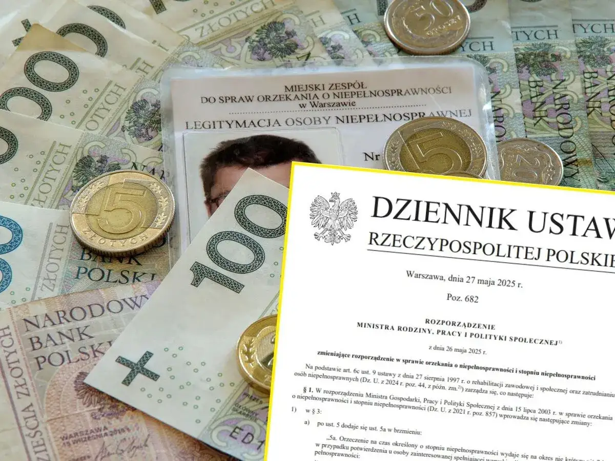 Legitymacja osoby niepełnosprawnej, monety i banknoty polskie.